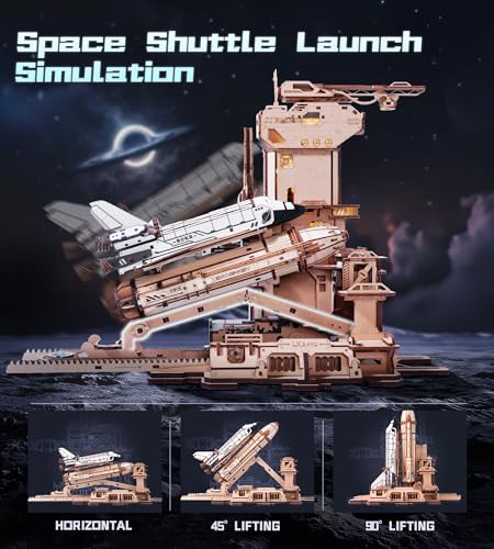 ROKR 3D Puzzles Space Shuttle Model - Dynamic Launch Base with Motorized Lift, LED Light Effects, 1:420 Scale Collectible Building Kit