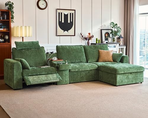 Image of 138.6'' Oversized Power Recliner Sofa with Headrest, Modular Cloud Sectional Couch with Convertible Table, Charging, Drawer, Cup Holder, 4-Seater with Storage Ottoman, Chenille, Green