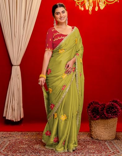 Image of SIRIL Women's Embroidery, Mirror Work, Scalloped Border Shimmer Georgette Saree With Unstitched Blouse Piece