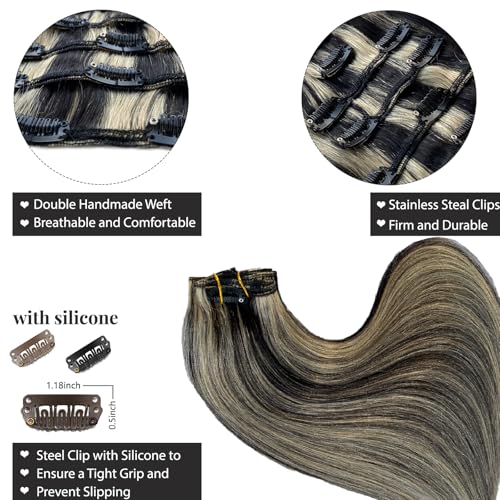 Image of Belaved Clip in Hair Extensions, Balayage Black Mix Blonde Clip ins Real Human Hair Extensions Invisable Seamless Straight Remy 16 Inch 70g 5pcs