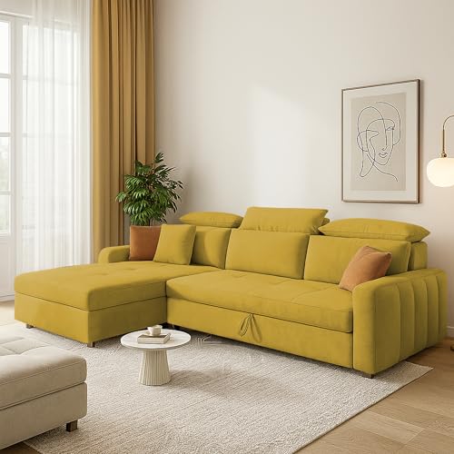 Image of Casaliving Gagnon LHS 4 Seater L Shape Corner Sofa Cum Bed for Living Room (Yellow Fabric) Premium Fabric Sofa Cum Bed