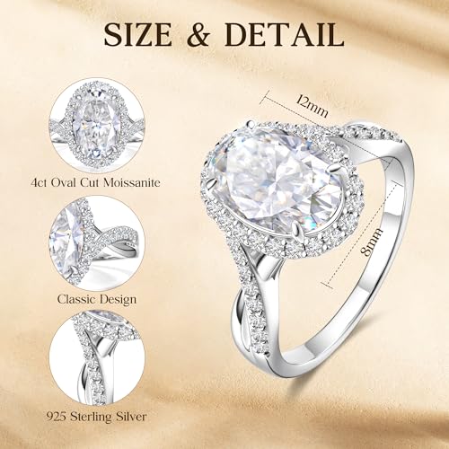 4ct Moissanite Engagement Ring for Women, 8x12mm Center Stone Oval Cut D Color VVS1 Moissanite Wedding Promise Ring, 925 Sterling Silver Anniversary Bridal Luxurious Jewelry Gift for Her3