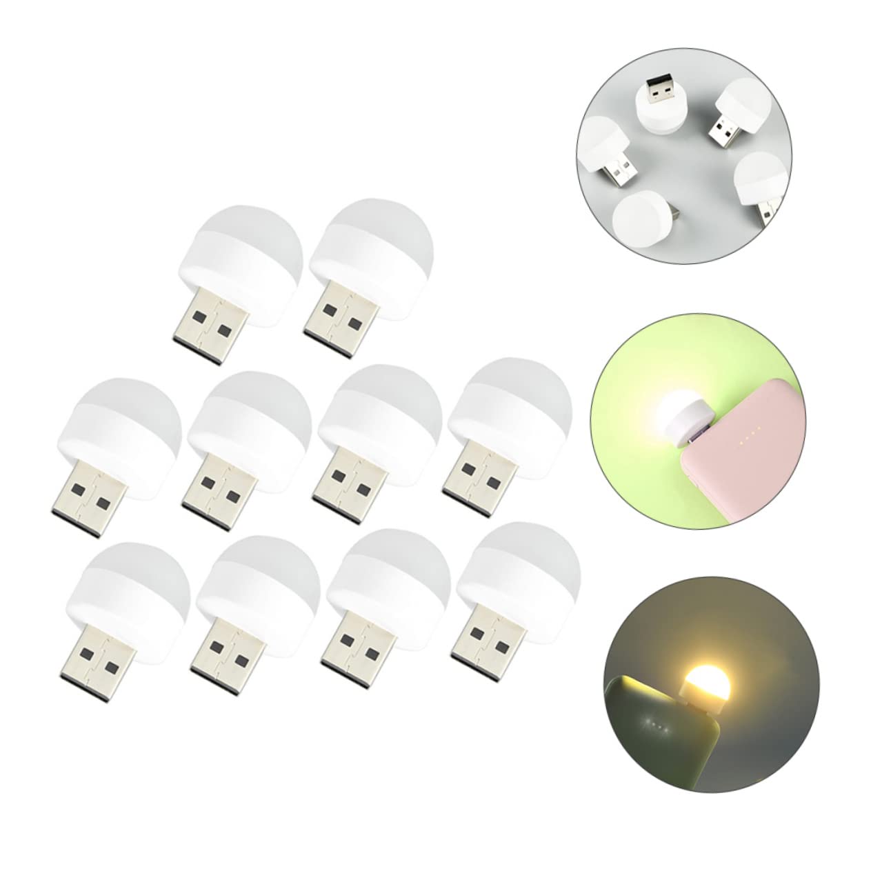 Mikikit 10pcs Portable Led Night Lights Warm USB Lights for Home and Car Compact Rechargeable USB Night Lamps for Reading and Travel
