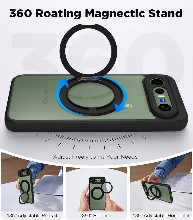Image of RIGGEAR Shockproof Sleek Hybrid Armor 360 Rotating Magnetic Ring Stand Back Cover Case Compatible with MagSafe Accessories for Vivo X300 FE 5G (Clear PC + Black TPU Bumper)