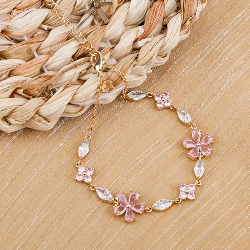 Cherry Blossom Bracelet, Gold Adjustable Flower Chain Pink Crystal Cherry Blossom Sakura Floral Bracelet Sparkly Petal Jewelry Accessories for Women3