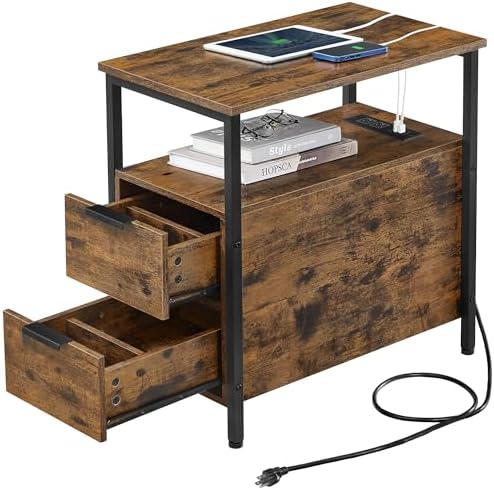VASAGLE Side End Table with Charging Station, Slim Nightstand wit...