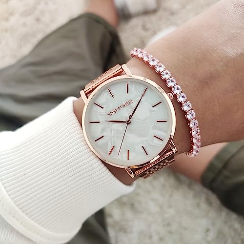Image of Joker & Witch Stainless Steel Women Lucinda Analog Watch Bracelet Stack, Band Color-Rose Gold, Dial Color-White