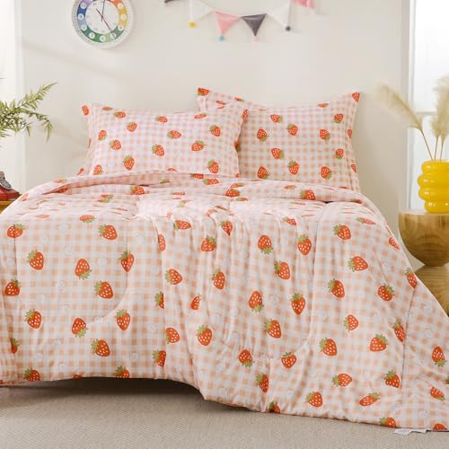 Image of Yibeizi Strawberry Comforter Set Full Size Girls Gingham Bedding