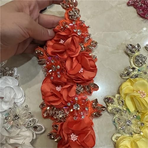 Applique en dentelle 3D patch brodé strass fleur à coudre robe mariée - 8