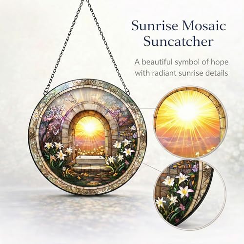 Yuvrwink Stained-Glass Style Suncatcher, Resurrection Sunrise Garden Arch with Lilies, Round Window Hanging Christian Easter Decor