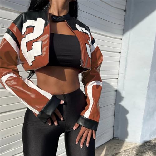Crop Tops for Women - Faux Leather Jacket Women Long Sleeve Zipper Closure Moto Biker Top3