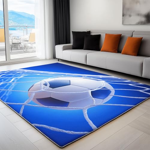 Alfombras 3D Fútbol Deportes Atletismo Lavable y Antideslizante 90 x 150 cm, alfombra Esponja Gruesa Suave Antideslizante fácil cuidado, para Sala de Estar y Dormitorio Decoración de Interiores Azul