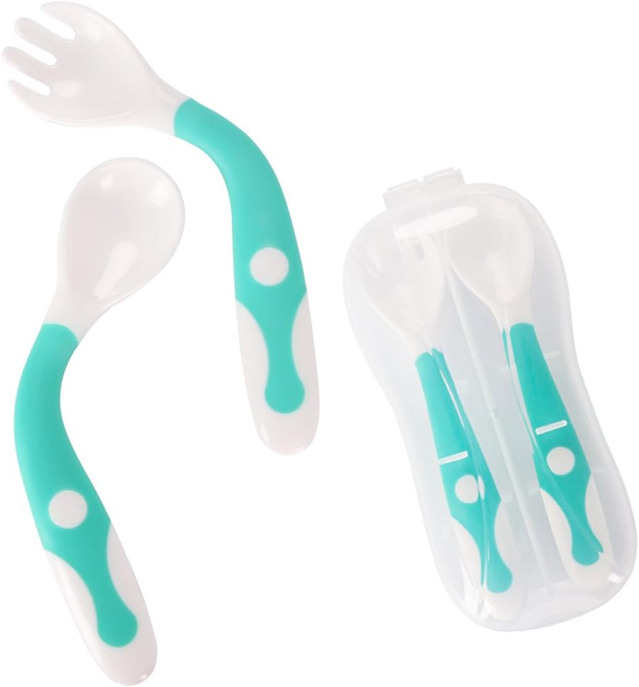 Baby Utensils Spoon Fork Set with Travel Safe Case Toddler Babies Children Feeding Training Spoon Easy Grip Heat-Resistant Bendable Self Feeding Learning Spoon (1 Spoon, 1 Fork)