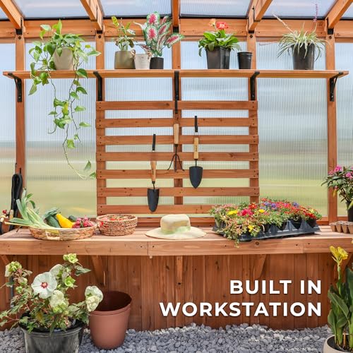 Backyard Discovery Poppy 11' x 7' Cedar Wood and Polycarbonate Walk-In Greenhouse Kit with Exhaust Fan, Windows, Hose Hook-Ups, PowerPort, Staging Shelves, Plant Hooks for Year-Round Outdoor Gardening - Image 8