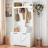 HOOBRO Hall Tree with Bench and Shoe Storage, Entryway Bench with Coat Rack and Shoe Cabinet, Flip-Down Cabinet Door, Coat Rack with Shoe Rack, for Mud Room, White WT84MT01