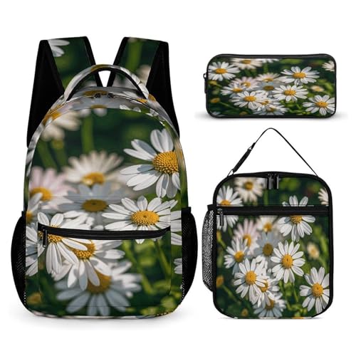 3Pcs Backpack Sets White Daisy Print Travel Daypack 3 in 1 Lightweight Backpack Set with Lunch Bag And Cosmetic Bag