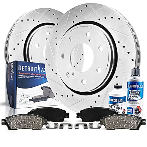 Image of Detroit Axle - Front Brake Kit for 2010 2011 2012 2013 2014 Ford F-150 | 7-Lug Drilled & Slotted Disc Brake Rotors Ceramic Brake Pads Replacement 13.78 inch inch Rotor