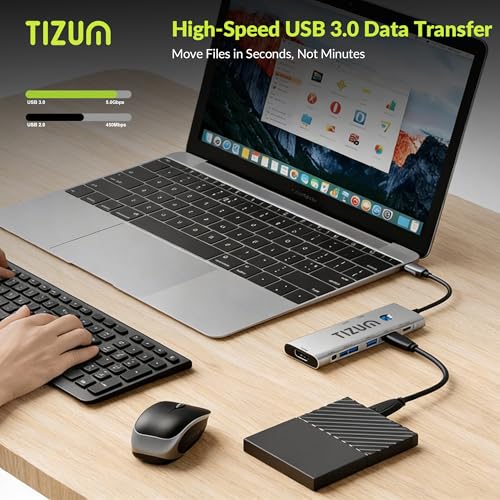 Image of Tizum 9-in-1 USB C HUB with 4K HDMI, On /Off Button, 100W PD Charging, USB C, USB 3.0 5Gbps, 2x USB 2.0, SD /TF Card Reader, 3.5mm Audio| Type C Multiport Adapter for MacBook Laptop, Tablet, Plug & Play