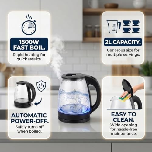 Image of 2 Litre Electric Borosilicate Glass Kettle (with blue indicator light) with 400ML Glass Tumbler, Bamboo Lid, Straw & Silicone Sleeve | Stylish Combo for Home, Office & Gifting (TRANSPARENT)