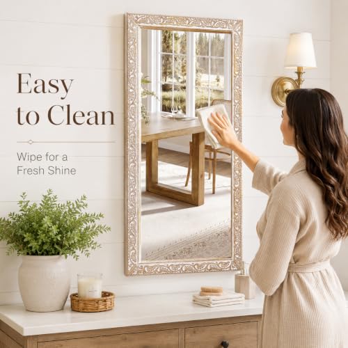 Image of Rustic Solid Wood Wall Mirror - Bathroom Vanity Mirror, Farmhouse Decorative Mirror for Home, Vertical & Horizontal Hanging, Wood Finish 48x24x1.25 inch White Antique
