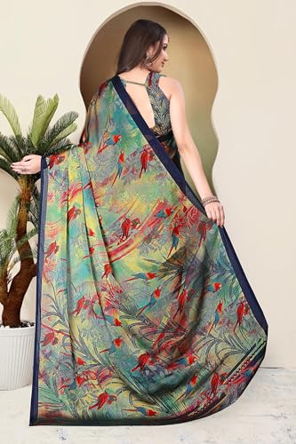 Image of SUPERLAXMI Women's Chiffon Floral Printed Saree with Blouse Piece