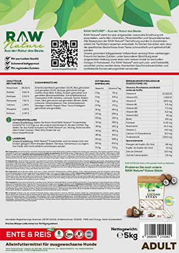 RAW Nature Trockenfutter Adult mit Ente 5kg, kaltgepresstes Hundefutter, Getreidefrei, 100% Muskelfleisch, hoher Fleischanteil, ohne künstliche Zusätze, für alle Rassen und Sensible Hunde geeignet