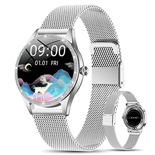 Smartwatch Damen Glänzend Silber,1,09'' Fitnessuhr Damen für Android/IOS,Alle Neuen HD High Elegant IP68 Wasserdicht Rund SportUhr mit Herzfrequenz, Schlafmonitor, Schrittzähler, Geschenk für Damen Cover
