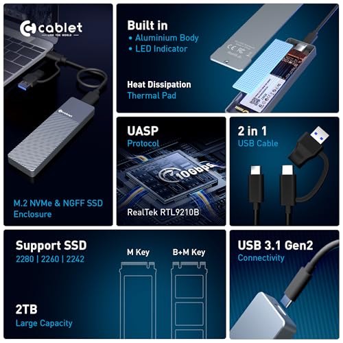 Image of Cablet M.2 NVMe /NGFF SSD Enclosure USB 3.1 Gen2 10Gbps for 2242 /2260 /2280 M-Key /M+B Key PCIe SSD, Supports Dual Protocol NVMe and NGFF SSD, UASP Max 2TB, Aluminium Case