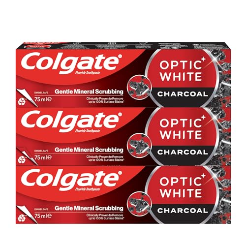 Colgate Toothpaste Optic White Charcoal, Mineral Scrubbing Teeth Whitening Toothpaste, 3x75 ml, 3 Pack