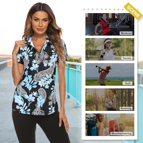 Koscacy Womens Golf Shirt Short Sleeve 1/4 Zip Up Loose Moisture Polo Shirts Yoga Running Gym Tops For Women Black Blue Floral Small thumb #3