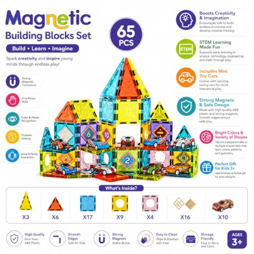 Image of Magnetic Building Blocks for Kids, 3D Magnetic Construction Set, STEM Educational Learning Toy, Creative Building & Pretend Play Toy for Boys & Girls, 3+ Years (65 PCS Mini Car Magnetic Tile Set)