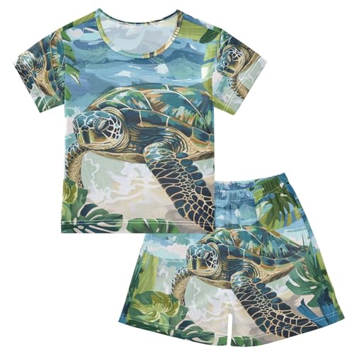 ALAZA Turtle Tropical Leaves Pajama Set Short Sleeve Sleepwear Soft Lounge Nightwear