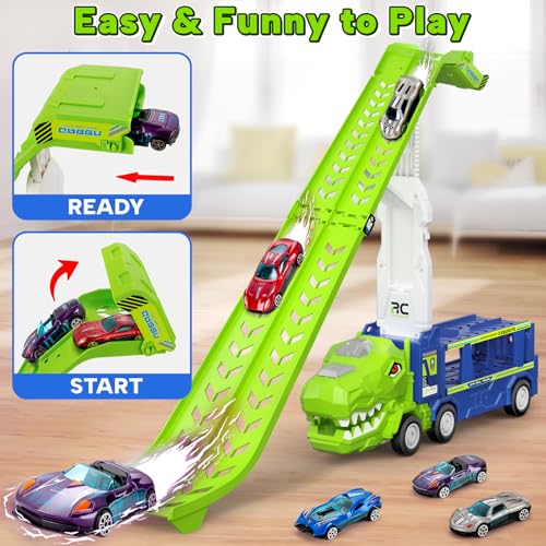 Kids Toys for 3 4 5 6 7 8 Years Old Boys, 3 in 1 Dinosaur Carrier Truck Transport Car Toys, Foldable 2 Track Dino Truck with 25-in Race Track, 6 Metal Toy Cars, Birthday Toy Gift for Toddler by Bstoyder - Image 4