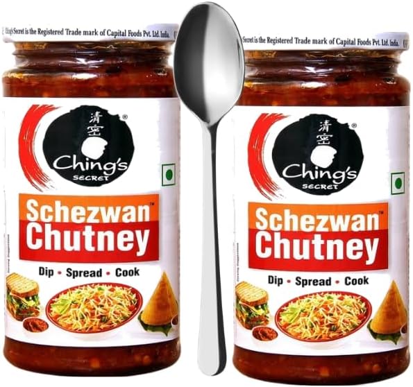 Kten Cheng's Sicret, Schezwan Chutney, 250 Grams (Pack of 2) with Long Handle Stainless Steel Spoon
