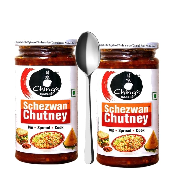 Kten Cheng's Sicret, Schezwan Chutney, 250 Grams (Pack of 2) with Long Handle Stainless Steel Spoon
