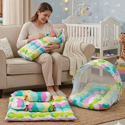 Image of Fareto Combo of Baby Bed with Net | Carry Bag | 4 Pcs Bedding Set (0-6 Months, Baby Size, Cotton) (Pista NEW Star)
