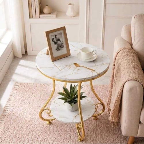 Image of CARTADEN 2 Tier End Table in Living Room, Industrial Style Round Bedside Table with Storage, Small Outdoor Coffee Table for Bedroom Balcony Patio