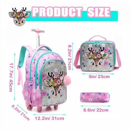 Girls Rolling Backpack for School Kids Wheeled Bookbag Set with Lunch Box Primary School Carry On Luggage with Wheels for Elementary Students Cute Daypack for Travels (12814T-3)2