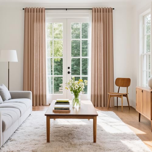 Image of Nanspring Peach Linen Curtains 96 Inches Long Set for Baby Girl Bedroom Back Tab Rod Pocket Semi Sheer Light Filtering Drape for Bedroom Home Decor Protect Privacy 52x96,2 Panels