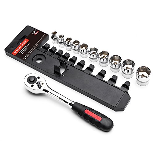 MAXPOWER 11-Piece 3/8" Ratcheting Socket Wrench Set Quick Release Reversible Ratchet Handle and Swappable Spanners Imperial Inch Sockets with Hanging Rack - Image 3
