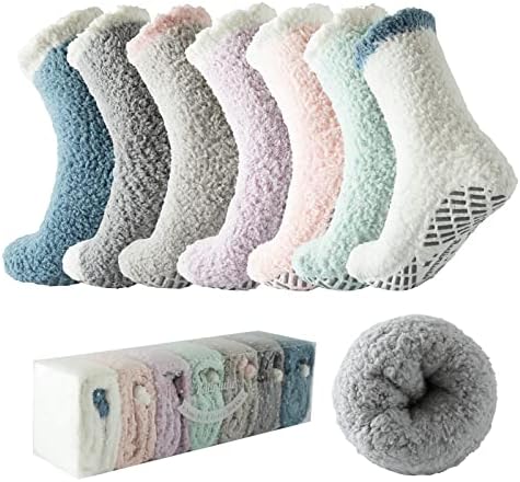 Bulinlulu Fuzzy Socks With Grips for Women 7-Pairs Non Slip Hospital Socks Sleep Warm Fluffy Socks Non-Skid Slipper Socks with Grippers for women(7 Softest Upgrade Grips)