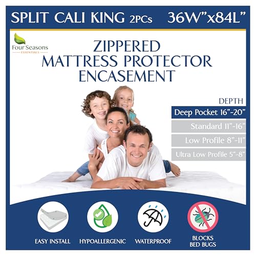 Split Cali King Mattress Encasement 36" x 84" (2PCs) - Waterproof Zippered Protector Hypoallergenic Premium Quality Deep Pocket Cover for Adjustable Beds and Split Mattresses (16"-20" Depth)