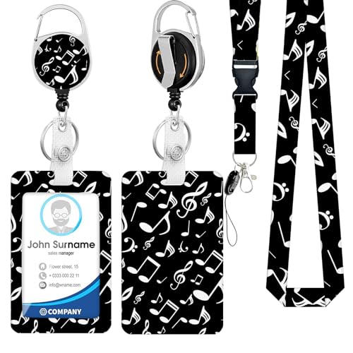BUDUOZHI Lanyard with ID Holder Music Badge Holder with Retractable Reel Clip Badge Reel Heavy Duty with Carabiner Clip Card Name Tag Lanyard Vertical ID Card Protector Case for Nurse Teacher