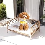 Otair Outdoor Wicker Dog Bed Indoor Rattan Dog Sofa with Soft Cushion (Brown Wicker/White Cushion, Small)
