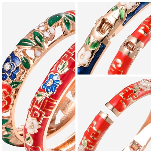 Image of wynameleri Vintage Cloisonne Jewelry Gorgeous Rhinestone Handcrafted Bracelets Enamel Flower Bird Gold Hinged Cuff Bangles Gifts 88C07-55A120 orange, Diameter: 2.4''