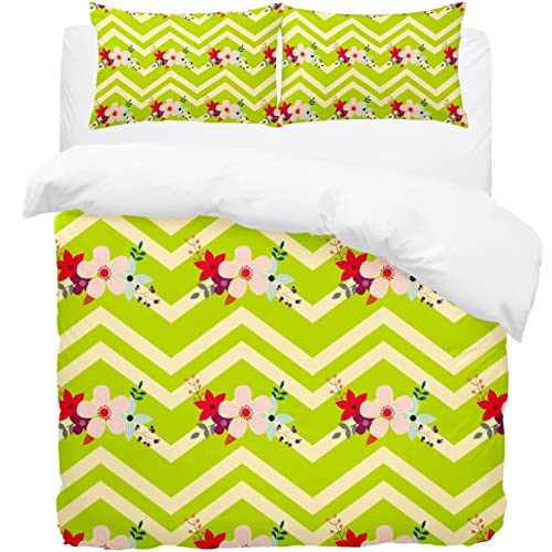 Parure de lit zigzag vert et ensemble linge de lit imprimé fleurs avec housse de couette - 2