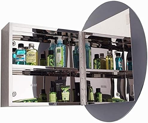 寝室 壁掛けバニティミラー バスルーム オーバル 収納キャビネット (カラー:シルバー、サイズ:64 x 64 x 13cm) (シ
