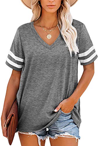 Angerella Summer Shirts for Women Trendy V Neck T-Shirts Loose Fit Short Sleeve Tops Grey L