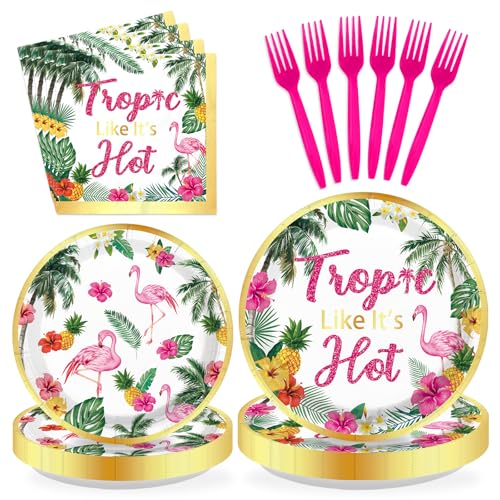 96Pcs Summer Tropical Party Supplies Hawaiian Luau Aloha Plates and Napkins Disposable Tropic Flamingo Like Its Hot Tableware Sets for Birthday Bridal Shower Wedding Summer Beach Hawaii Party Decor