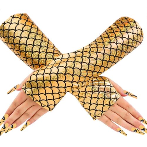 Yikisdy Gold Mermaid Gloves Fish Scale Arm Sleeve Fashion Gloves Costume Accessories for Women (Gold)